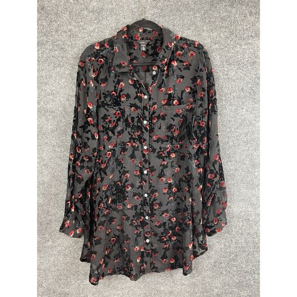 Inteo Tops - Intro Women's 2X Button Down Shirt Black Burnout Red Floral Velvet